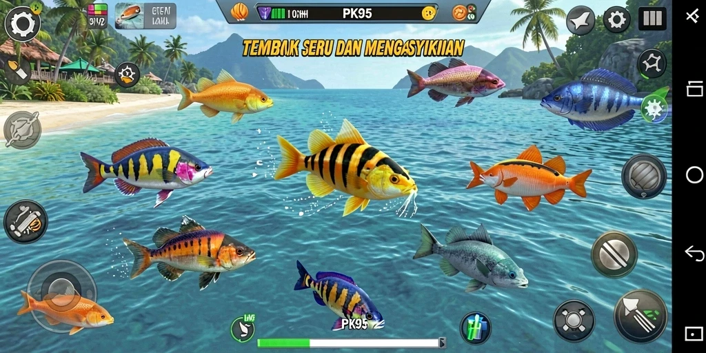 Screenshot gameplay PK95 dengan ikan berwarna-warni dan senjata yang menarik.