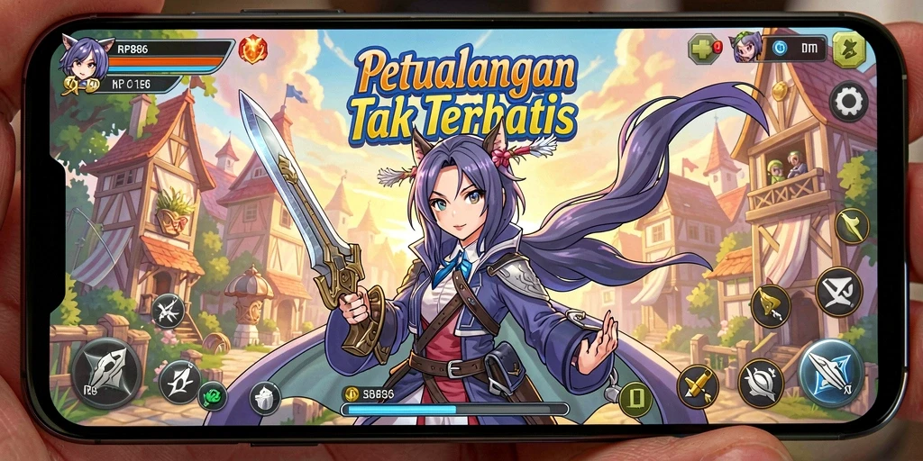 Screenshot utama RP886 menunjukkan aksi seru dalam dunia anime.