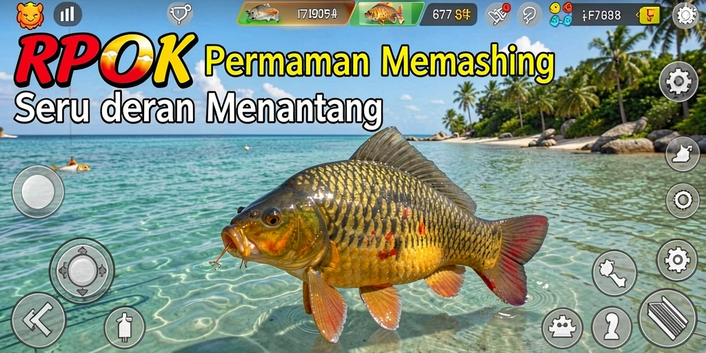 Screenshot gameplay RPOK menampilkan suasana memancing yang seru.