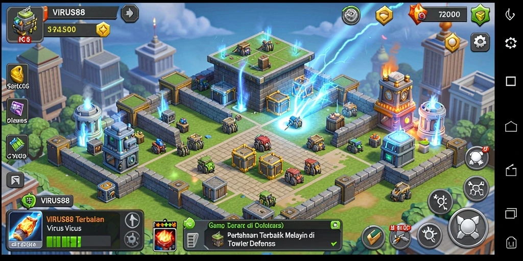 Tangkapan layar menunjukkan aksi seru dalam game Tower Defense.