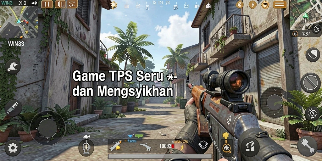 Screenshot gameplay WIN33 menunjukkan pertempuran intens di medan yang realistis.